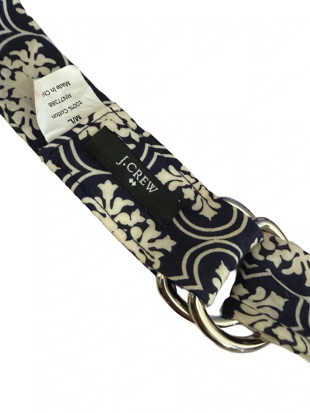 J Crew Double D Ring Belt  “Marrakesh Tile - Deep Navy/Off-White - Size M/L